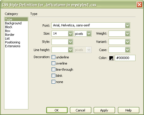 CSS Style Definition Dialog